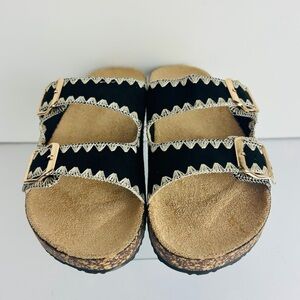 NWT Niki Slip On Sandals Women's 5/6 Black Double Strap Gold Buckles Embroidered
